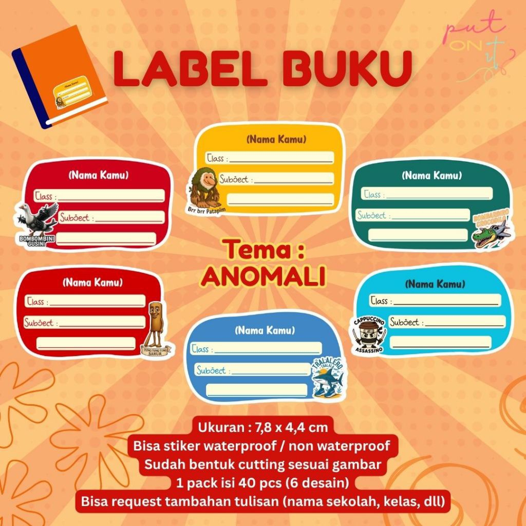 

Label buku dengan karakter animasi anomali (tung tung sahur, brr brr patapim, tralaleo tralala, dll)
