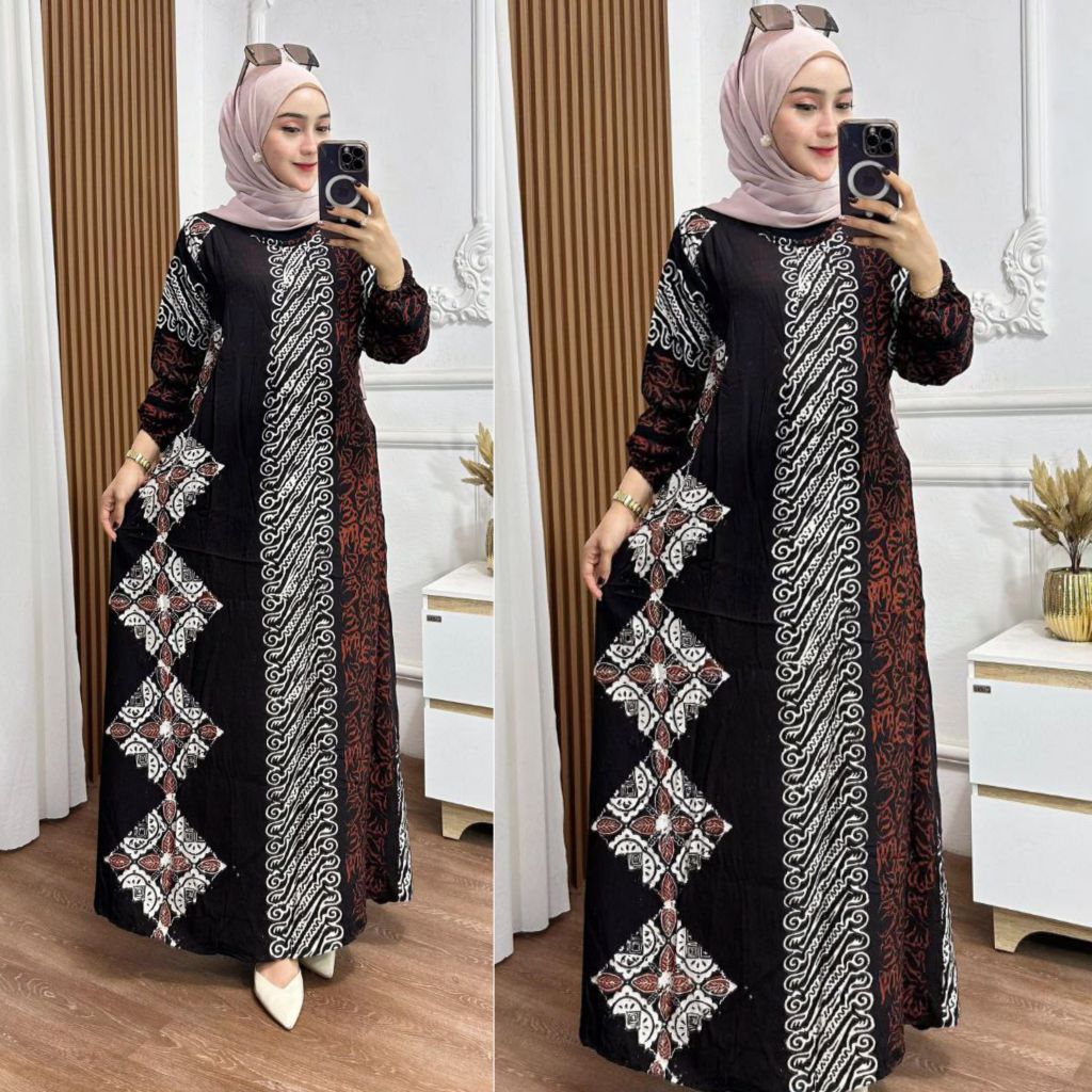 Gamis Sogan Batik Cap Rayon Super Bahan Tebal Adem Halus / Long Dress Panjang Jumbo Motif Batik Cap 