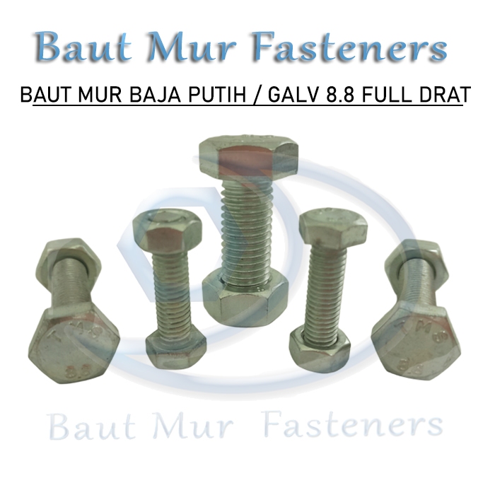 Baut Mur Baja Galvanis 8.8 M10 X 200 MM Full Drat