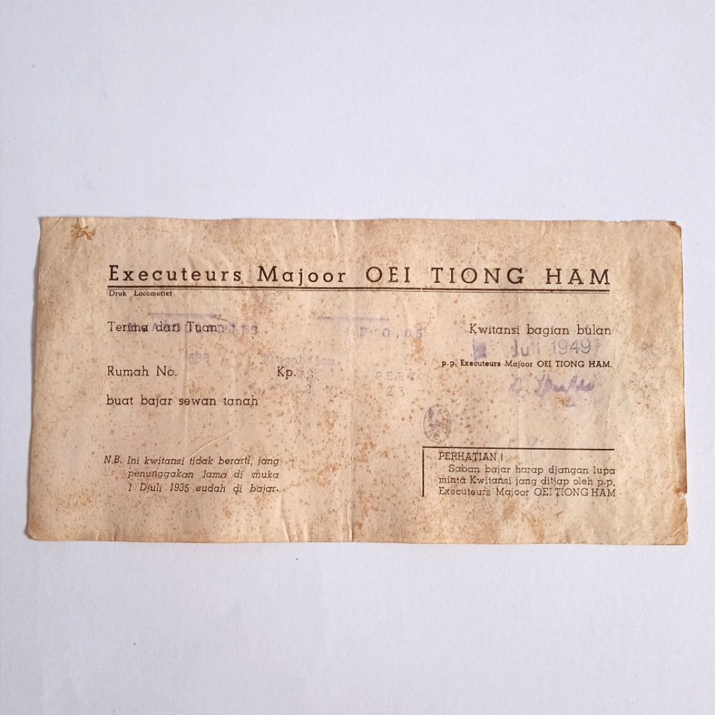 Antik Dokumen Lama Kwitansi Pembayaran Dari Executeurs Majoor Oei Tiong Ham Semarang Juli 1949 Tua L
