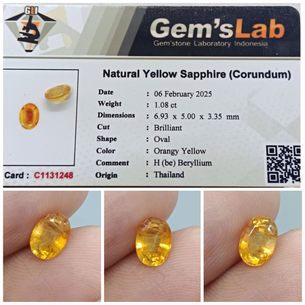 Natural Top Yellow Sapphire Thailand 1 ct Hbe memo GLI safir Bagus