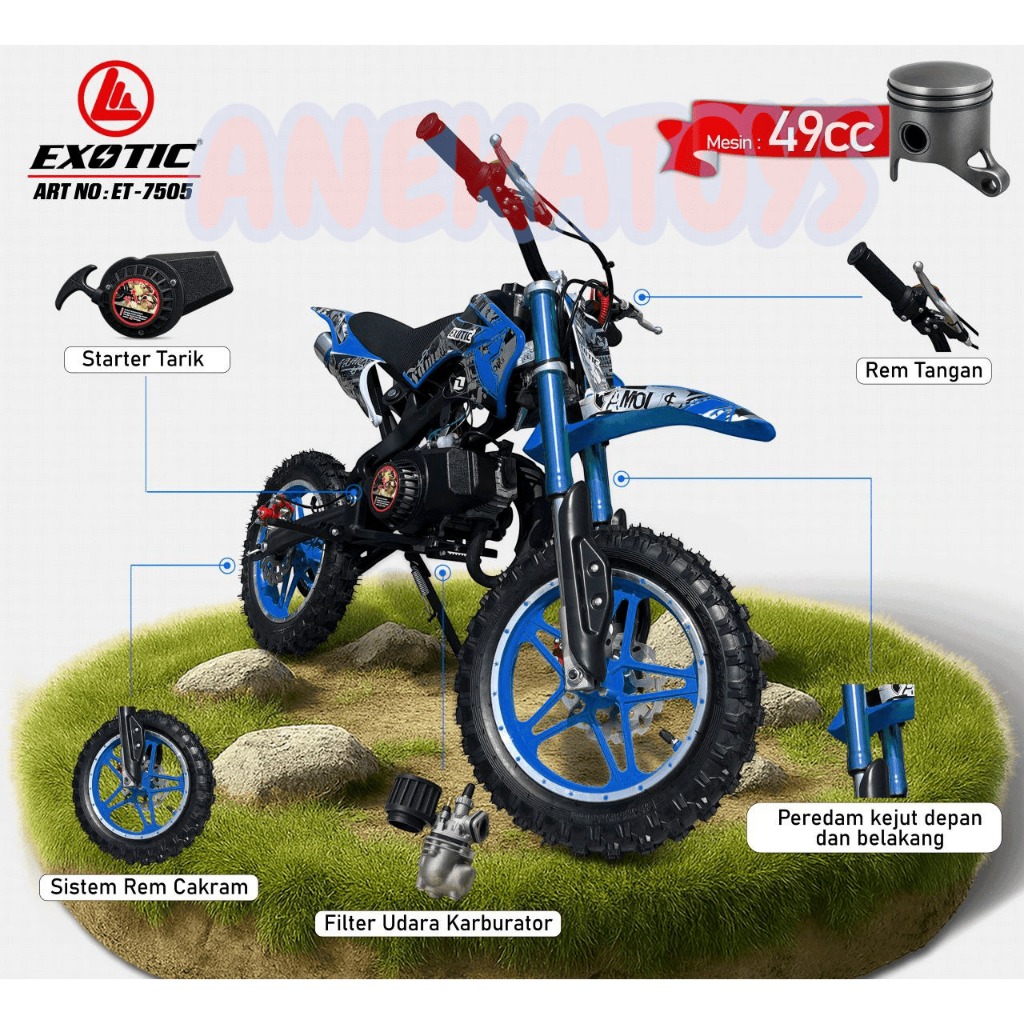 Motor Bensin Exotic ET7505 Mesin 49cc Motor Bensin Mini Trail Tangki 1.8 Liter
