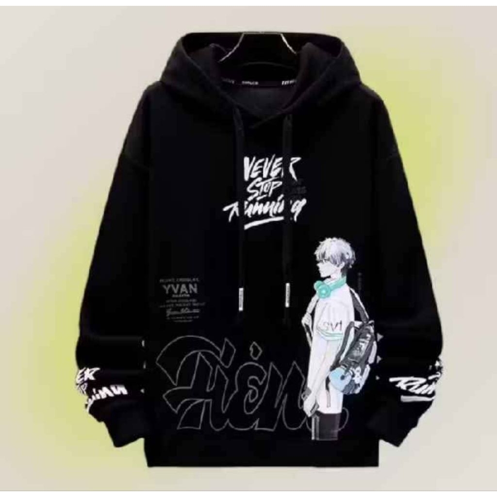 Baju Sweater Hoodie Cowok Hitam Putih Never Stop Running Saku Depan