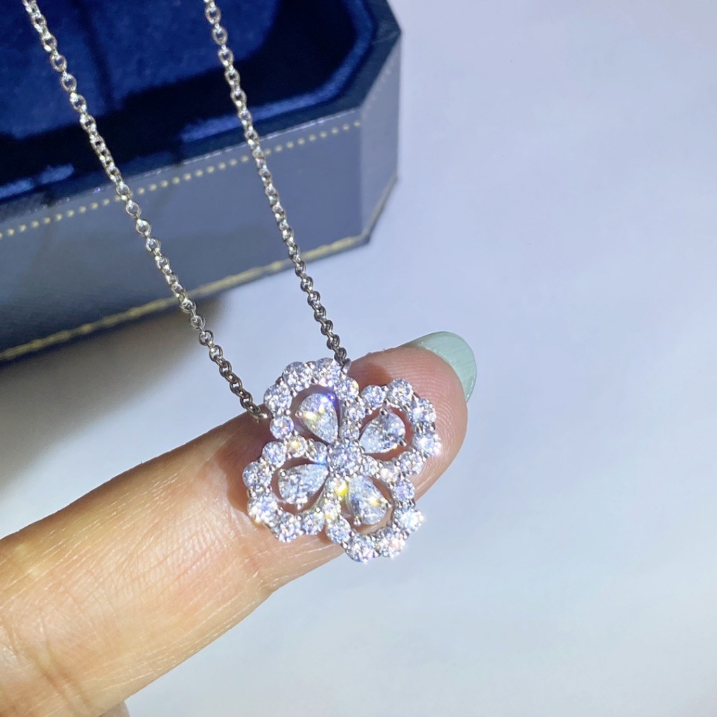 Kalung Perak 925 Asli Ternoda Kalung Perhiasan Berlian Liontin Semanggi Wanita Emas Putih Kalung Per