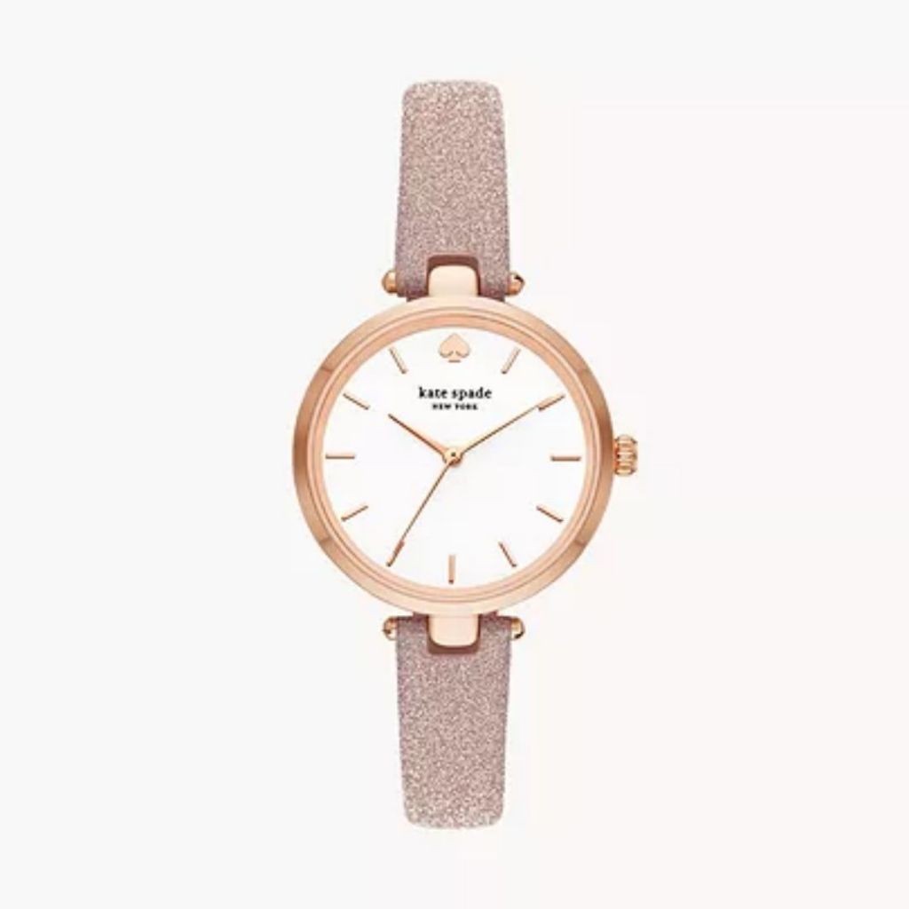 Kate Spade New York Holland Three-Hand Rose Gold-Tone Glitter Leather Watch - Jam Tangan Wanita