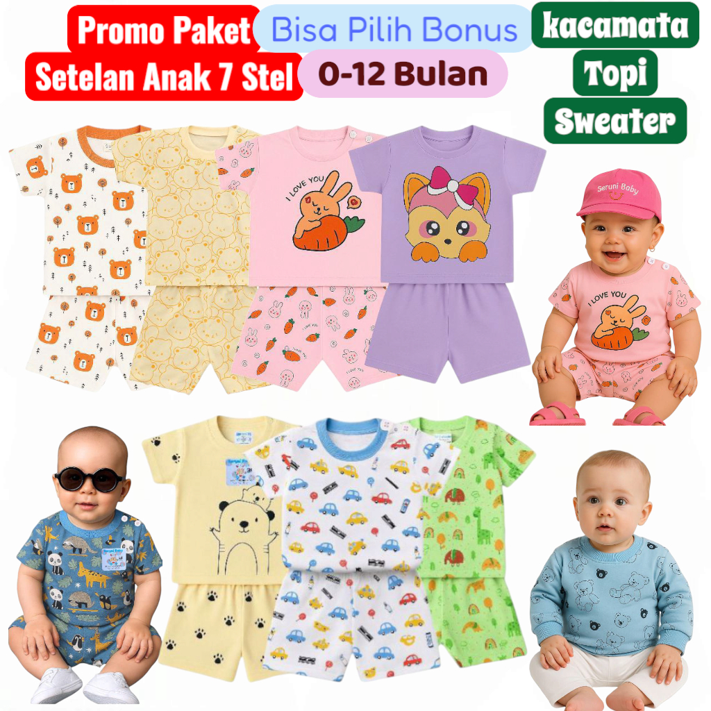 PAKET USAHA DAPAT 7 BAJU 7 CELANA PAKET SETELAN BAJU BAYI 0-12 BULAN Elina