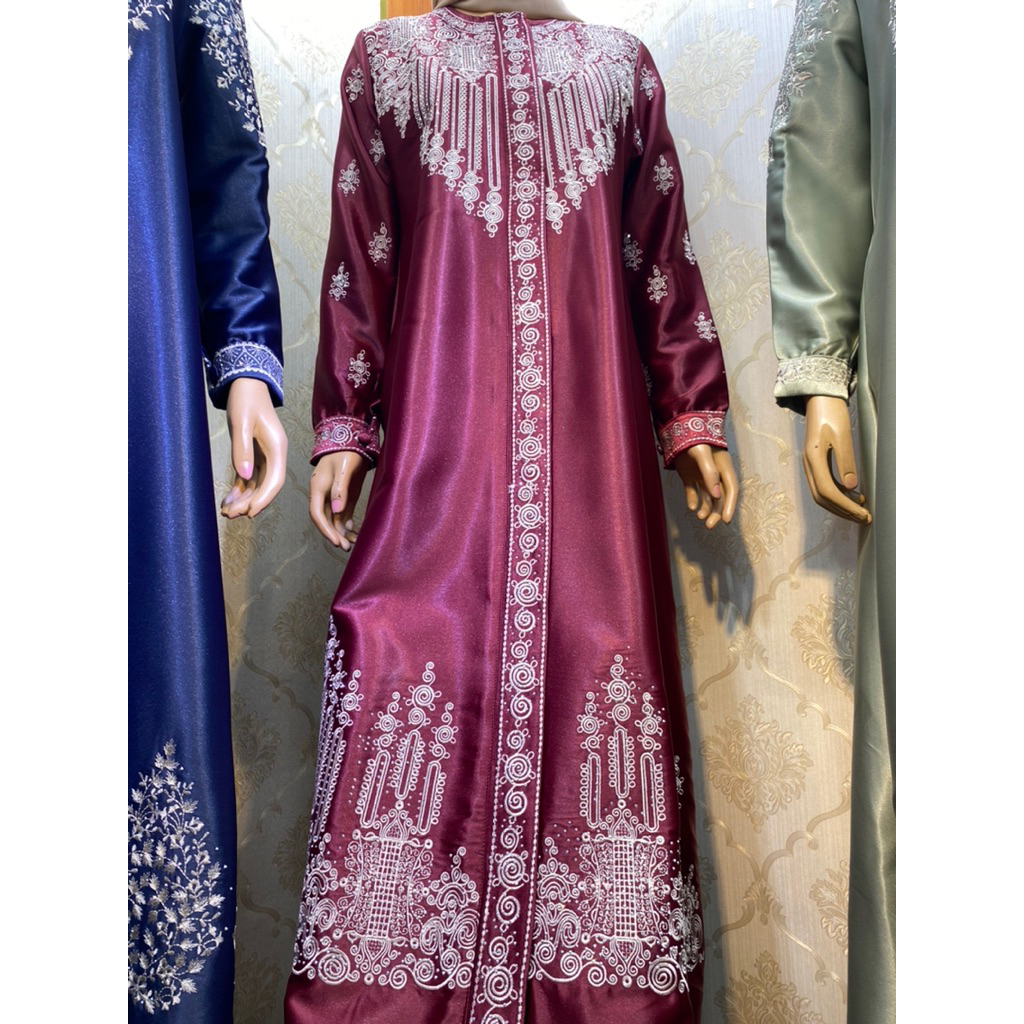 Gamis Bordir pintu aceh bahan satin kristal mewah elegant