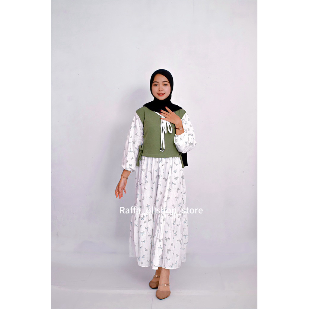Raffa_Midi dress bahan kombinasi crinkle motif  dan  Rib Knit /Midi dress motif bunga terbaru