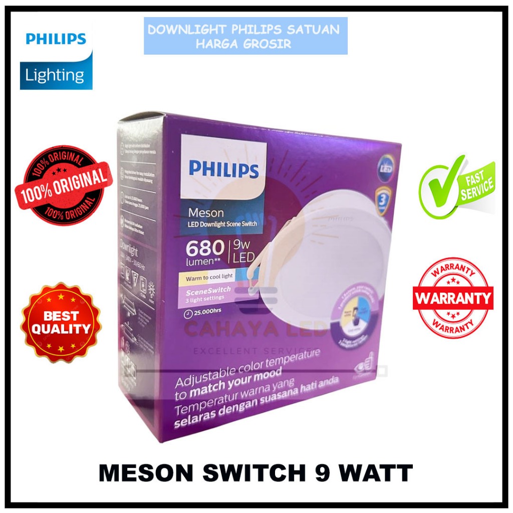 Lampu Downlight Philips Led Meson Switch 3 Warna 9w 13w 17w watt ( Putih, Kuning, Natural) 3000k, 40