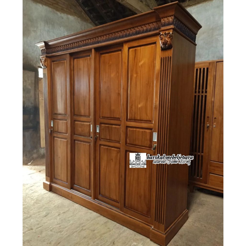 lemari pakaian jati pintu 4 sleding geser minimalis lemari baju kayu jati jepara grade A mewah klasi
