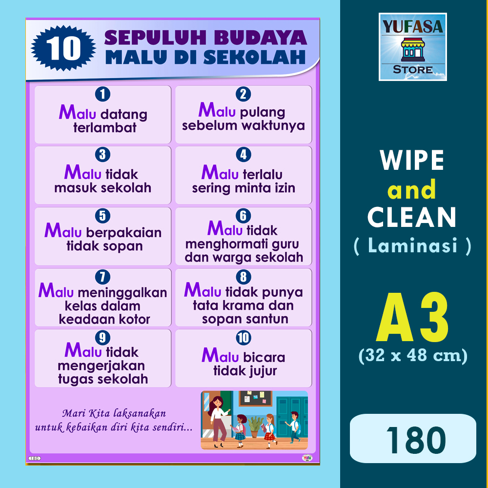180 poster 10 budaya malu di sekolah - Poster Edukasi Anak - Poster belajar anak - Poster wipe and c