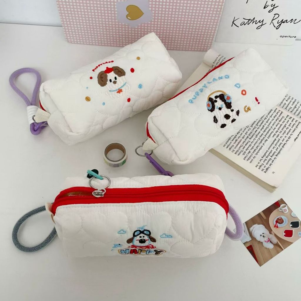 

Cartoon Embroidery Puppy Pen Bag Large Capacity Junior High School Stationery Box Miscellaneous Storage Bag