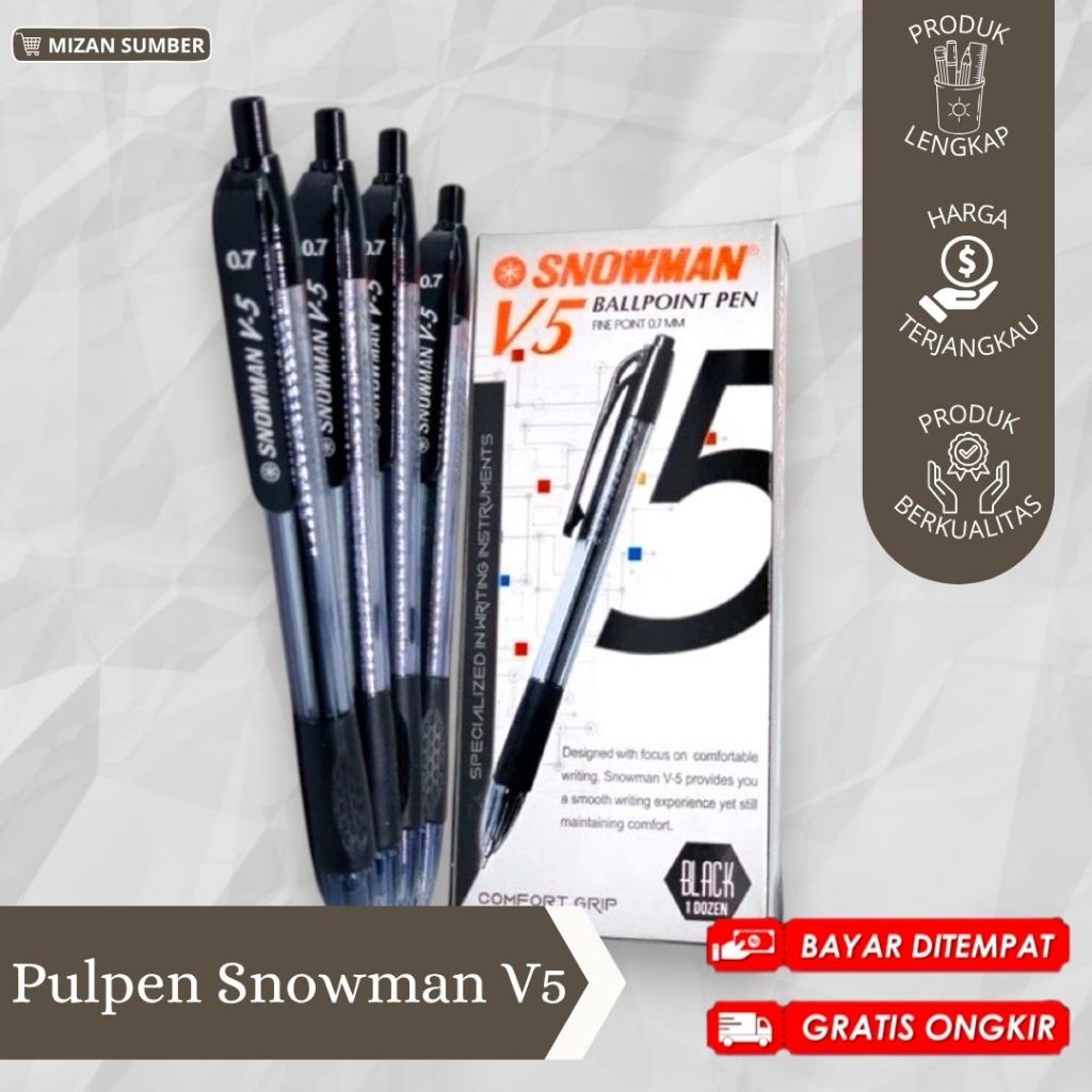 

BOLPEN SNOWMAN V-5 Hitam Isi 12 Pcs / Pulpen Snowman V5 / Snowman V-5 Hitam / Ballpoint Hitam / ATK Murah / Cirebon / COD / FREE Ongkir