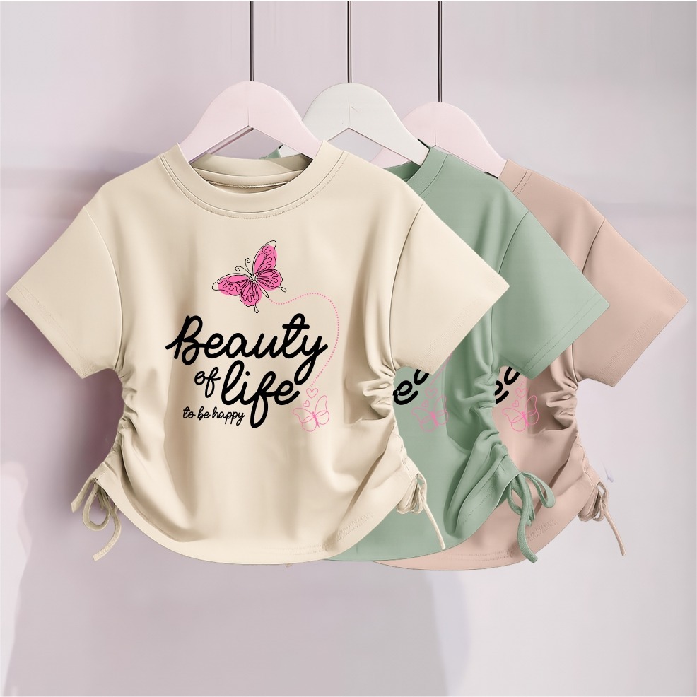 Kaos Crop Anak Cewek Beauty of Life Usia 1 - 12 Tahun | Baju Anak Perempuan Tali Serut Korean Style