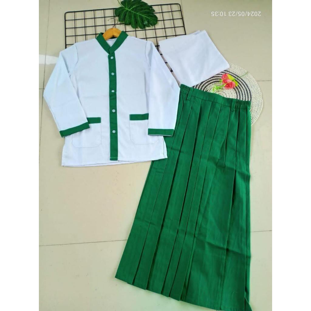 seragam sekolah Madrasah Dan Tk Paud muslim Perempuan dan laki laki / Gamis sekolah putih hijau free