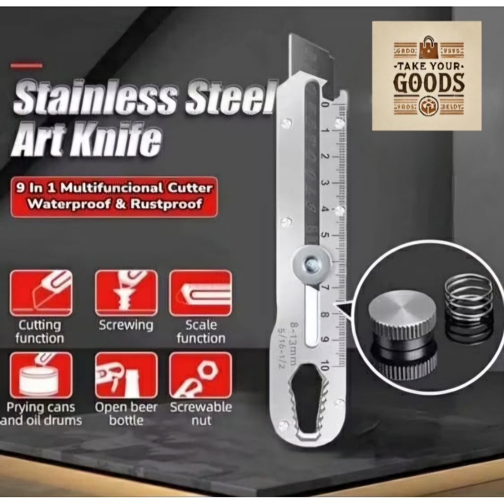 

Karter Pisau 9 in 1 Carter Stainless Steel Penggaris 10 cm Pisau Potong Kertas Kardus Paket Kunci Pas Alat Buka Tutup botol Cutter pisau