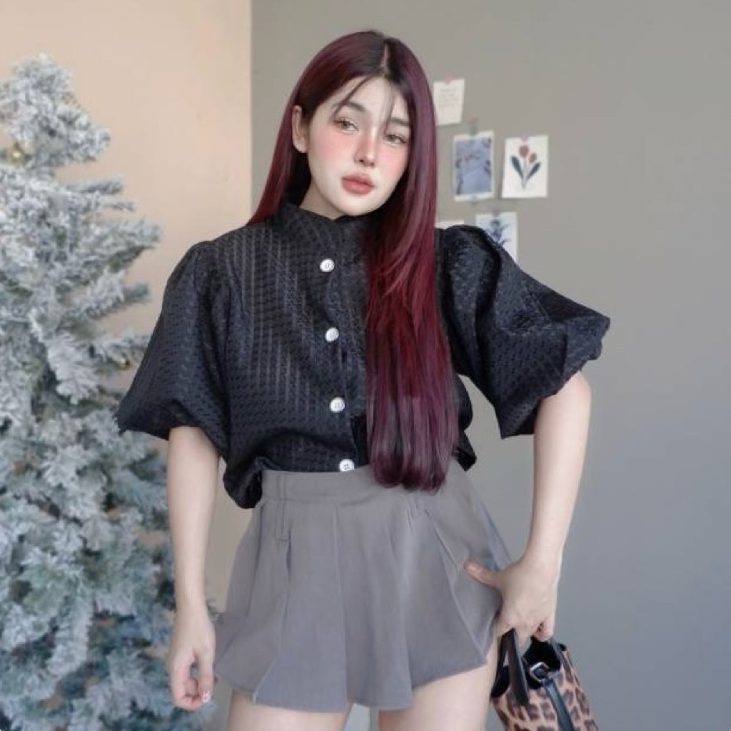 BEVERLY BLOUSE LENGAN BALON HIGHNECK MOTIF SQUARE BANGKOK Atasan Wanita Lengan Balon Motif Kotak-kot