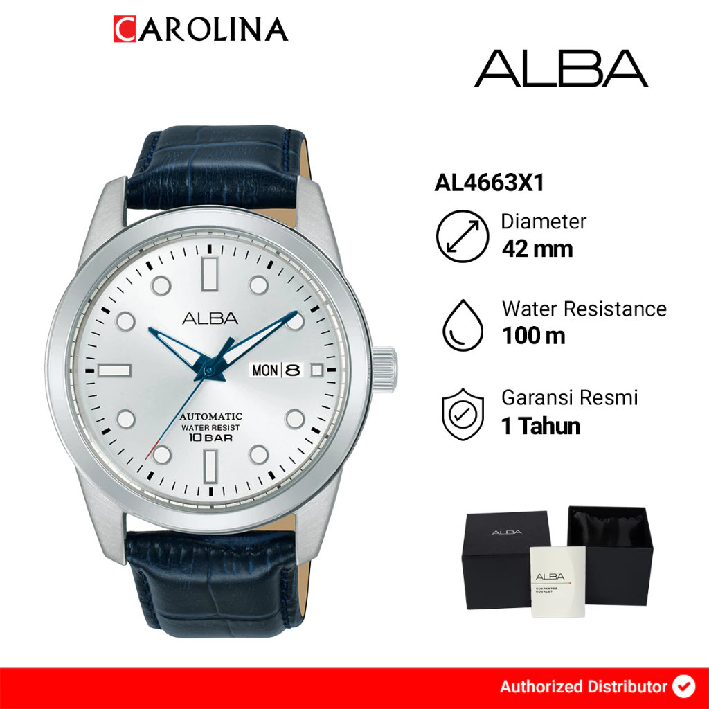 Jam Tangan Pria Alba Active AL4663X1 Automatic Silver Dial Blue Leather Strap