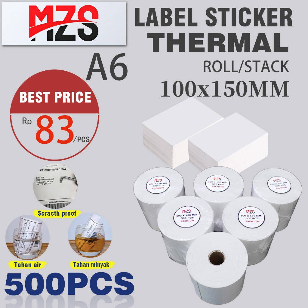 

Label Stiker Resi Thermal Direct A6 100x150 mm Isi500pcs Sticker Paper Kertas Roll Lipat MZS AJ001 AD001