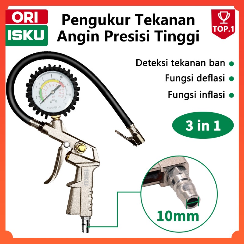 ISKU Alat Pompa Ban 3 in 1 Tire Inflator Ukur Tekanan Angin Kompresor 220PSI Heavy Duty Tembakan Sem