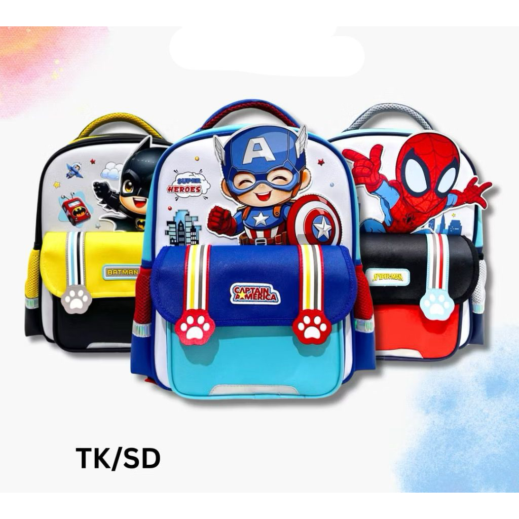 Tas Ransel Anak Sekolah PREMIUM – Spiderman, Batman, Captain America (TK/SD) / Tas Anak Cowok Karakt