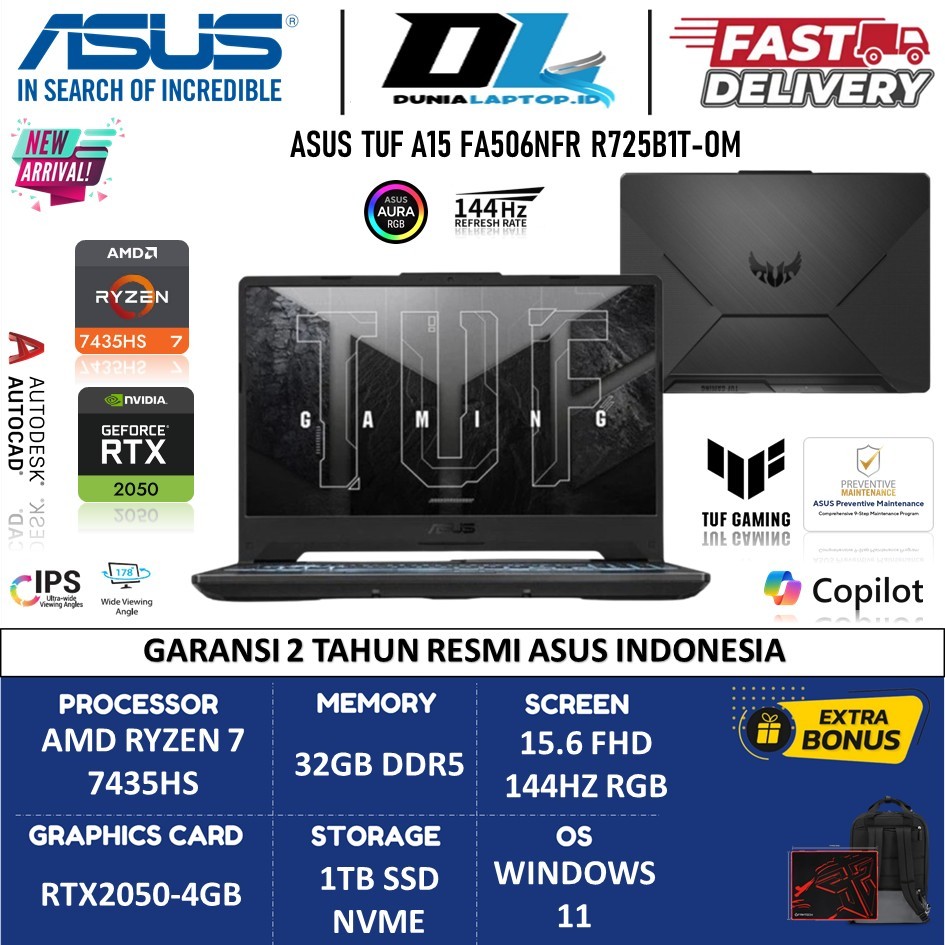 ASUS TUF GAMING A15 FA506NFR RYZEN 7 7435HS 32GB RAM 1TB SSD RTX2050-4GB 15.6" 144Hz Win11+OHS