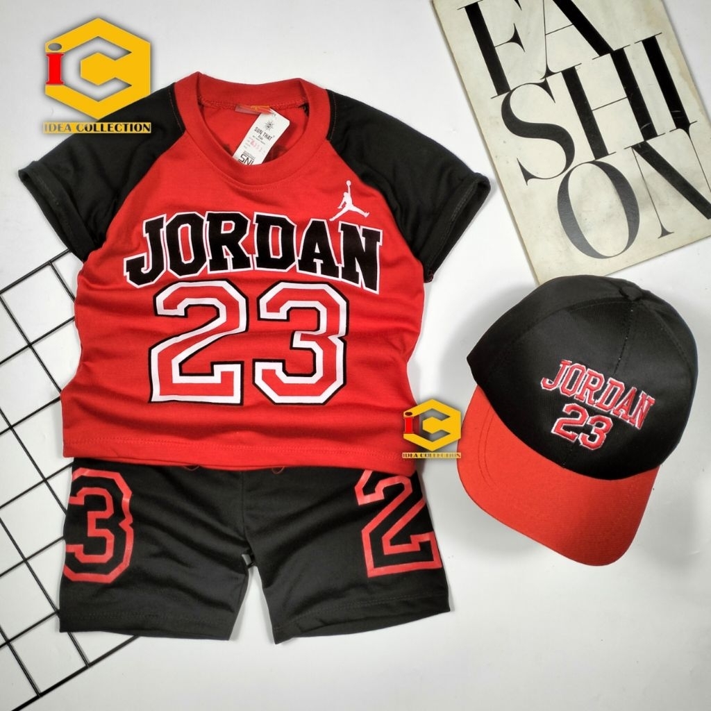 IDC Setelan Kaos Jordan 23 Anak Laki-laki Lengan Pendek / Baju Basket Jordan 23 Anak Warna Merah Unt