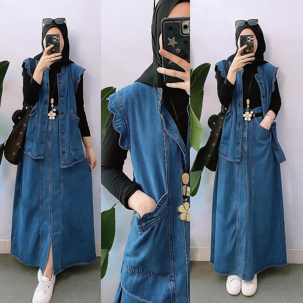 One Set Wanita Kekinian Viral Rok Jeans Belah Set WD Bahan Jeans Premium Size M L XL XXL XXXL Setela