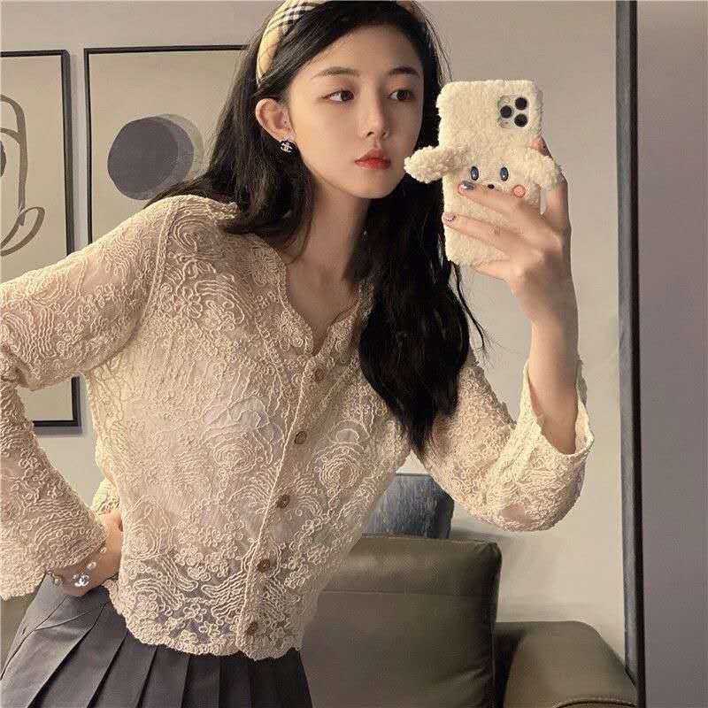 Blouse Brokat Transparan Wanita Lengan Panjang Elegan Gaya Korea Vintage