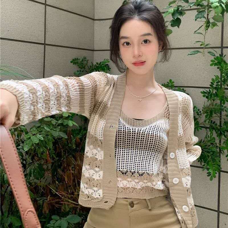 Blouse Brokat Transparan Wanita Lengan Panjang Elegan Gaya Korea Vintage