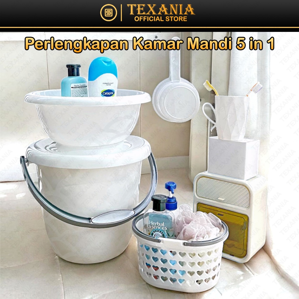 TEXANIA Perlengkapan Kamar Mandi 5 in 1 Water BasinTransparan minimalis /Ember+Baskom+Keranjang Sabu