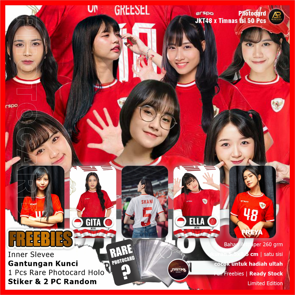 Photocard JKT48 Edisi JKT48 x Timnas Indonesia isi 50 Pcs Fanmade | Bonus Ganci, Rare Card, 2 PC ran
