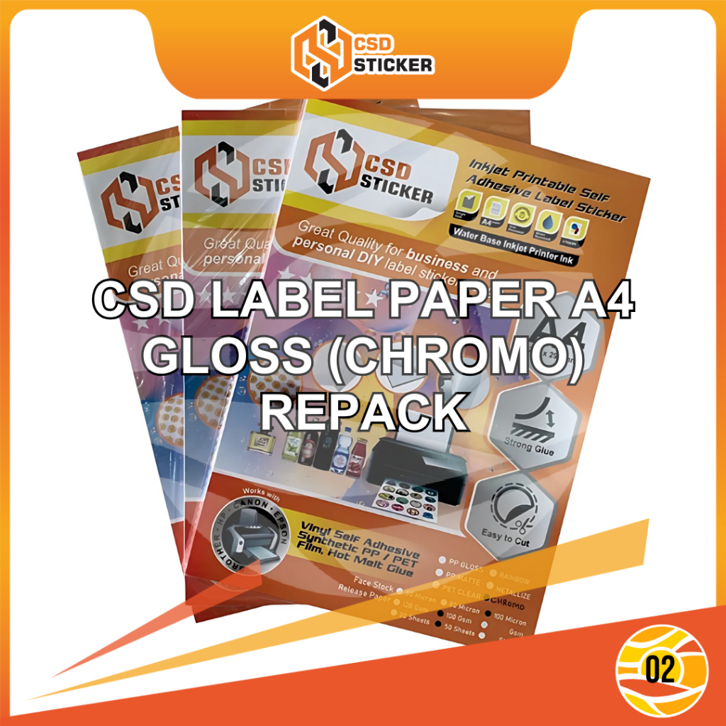 

Kertas Stiker Kromo Label Paper Inkjet Print A4 CSD Sticker Chromo Glossy Repack - 20 Lembar