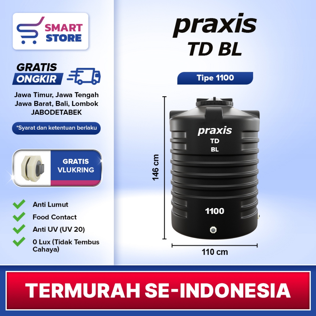 Tandon/Toren/Tangki Air Praxis Kerang 1100 Liter Anti Lumut Bahan Kuat Lentur