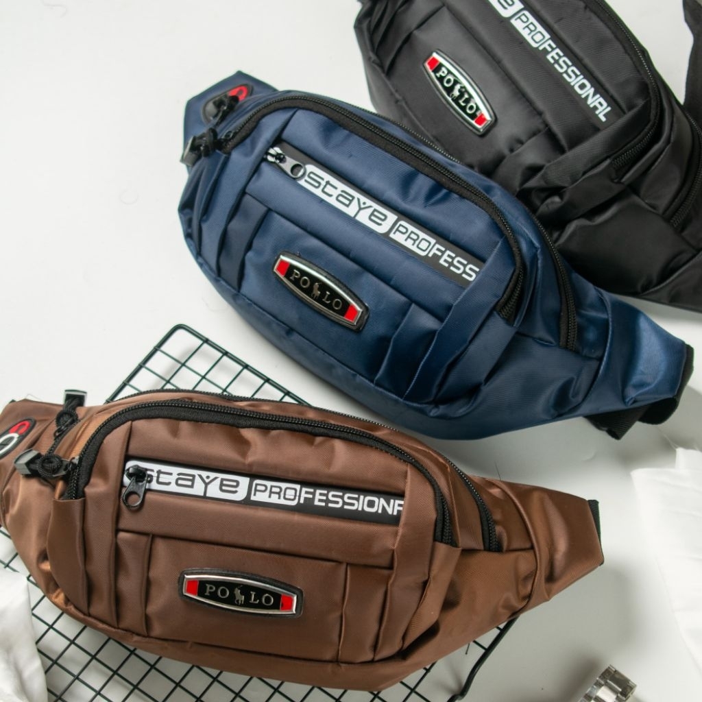 Tas Pinggang Pria Dilengkapi 4 Resleting / Tas Selempang Cowok Multifungsi & Muat Banyak