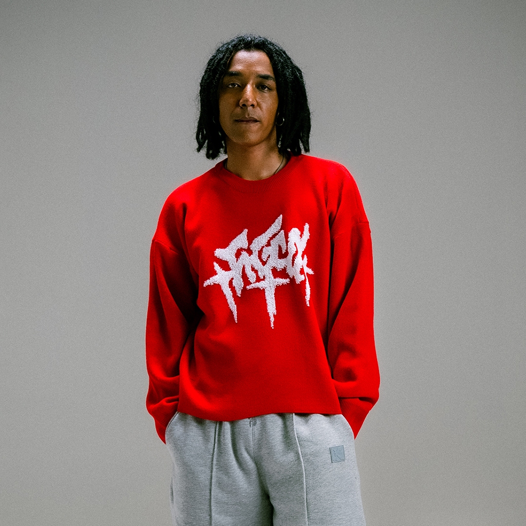 Figco - Knitted Boxy Crewneck 3D Knitwear Sweatshirt Blake Red