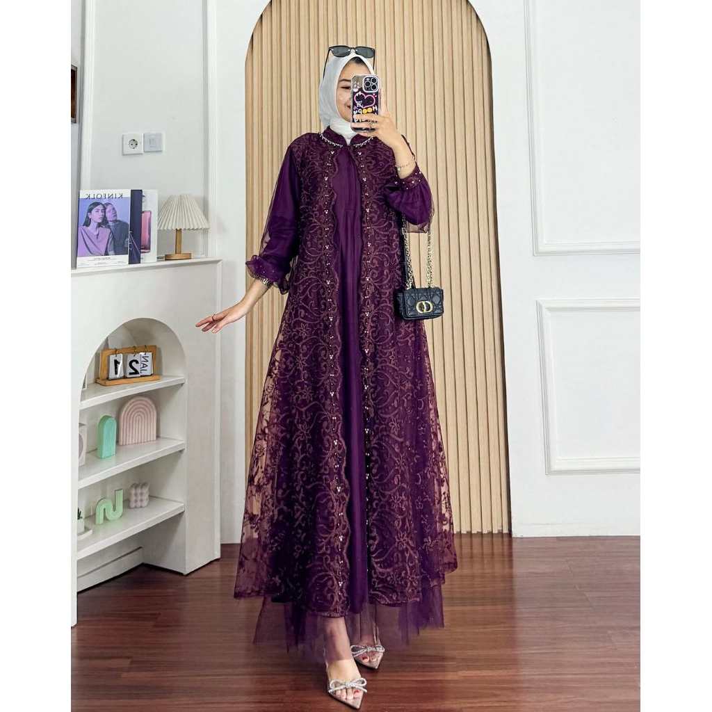 Baiu wanita muslim dress brukat tille mewahh asmarani dress burgundy