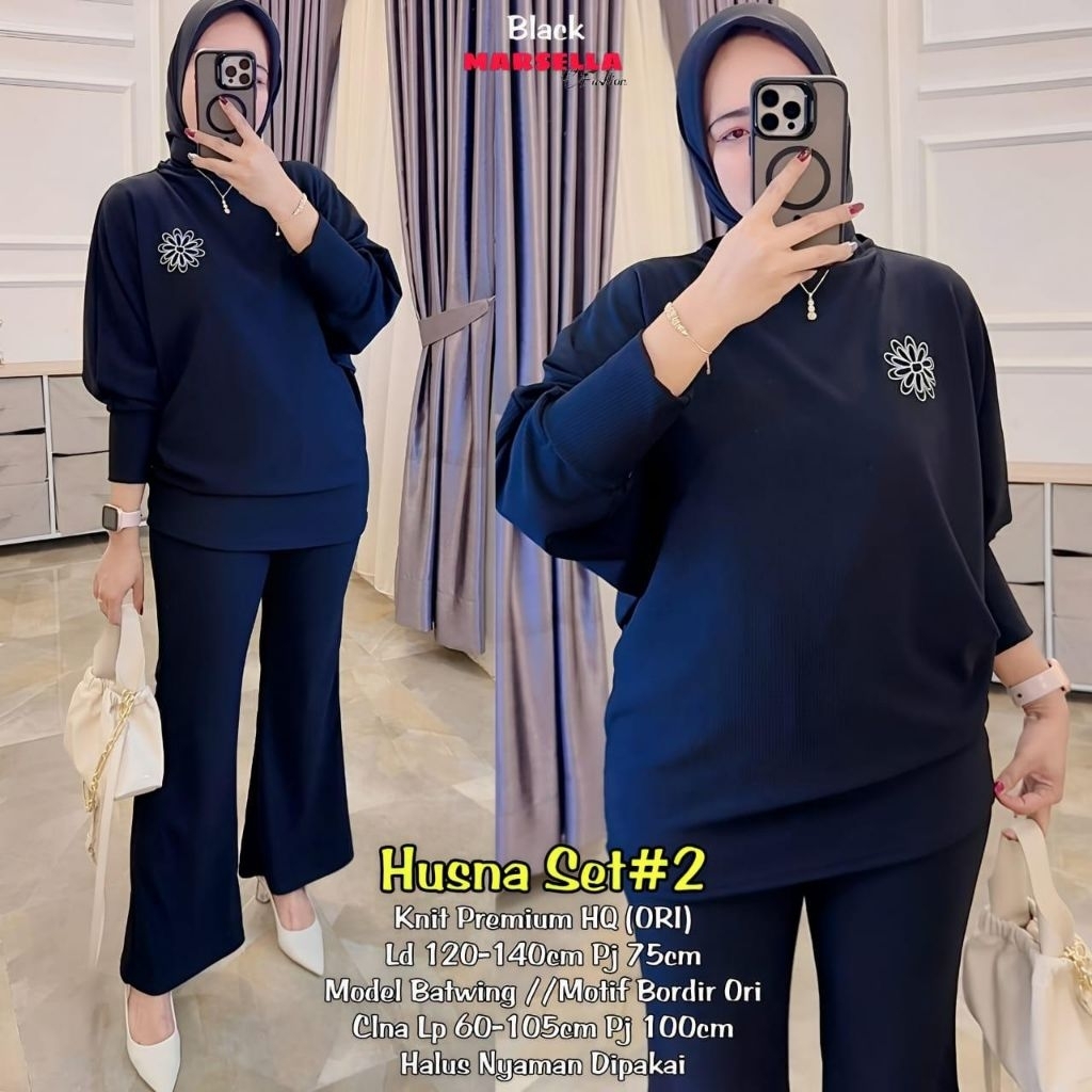 husna one set murah ori alfashion kayla atasan lengan kancing tunik knit import batwing set pants se