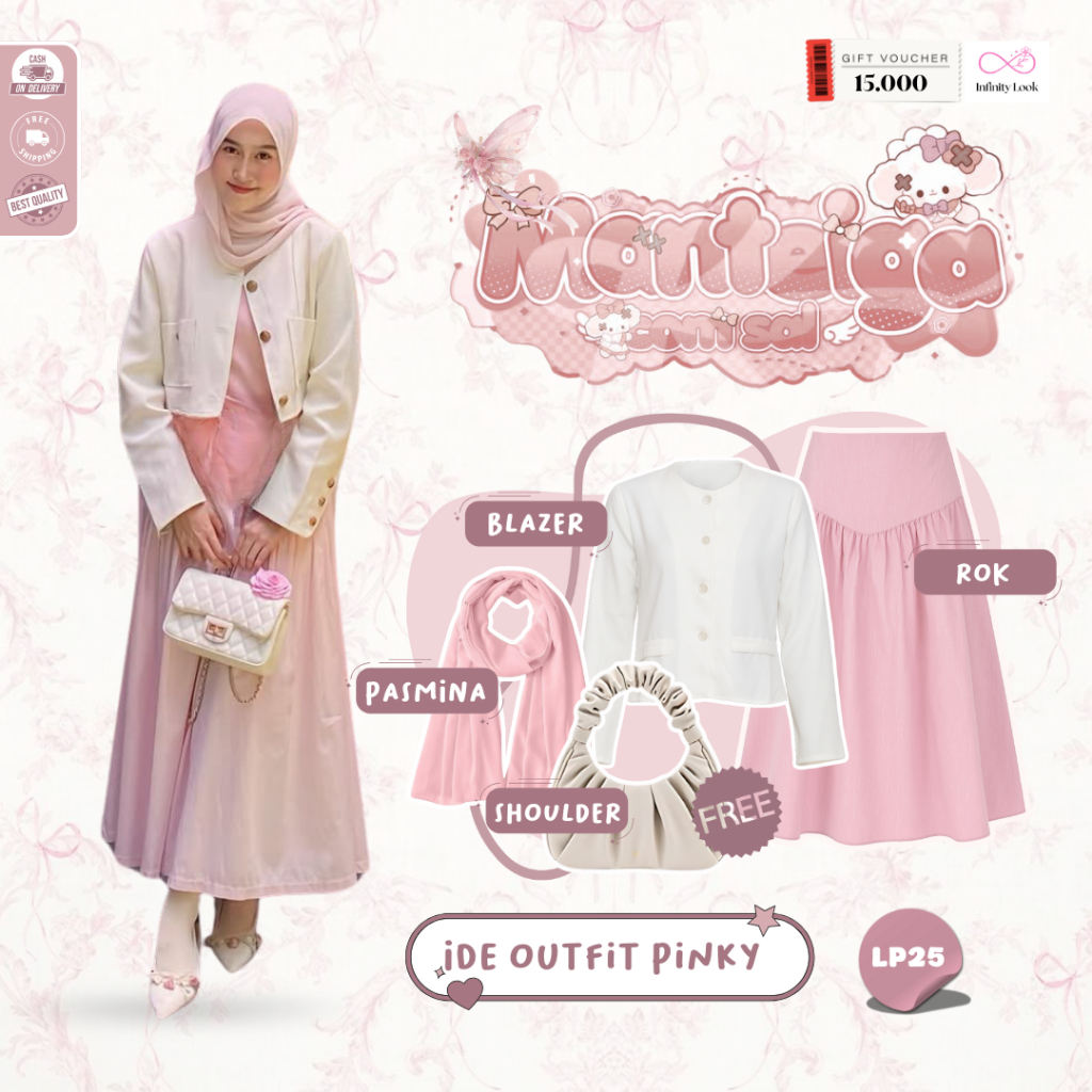 INFINITY - One Set Wanita Kekinian Korea Hijab | Pasmina Ceruty Dusty Pink,Blazer Crop Top Putih,Rok