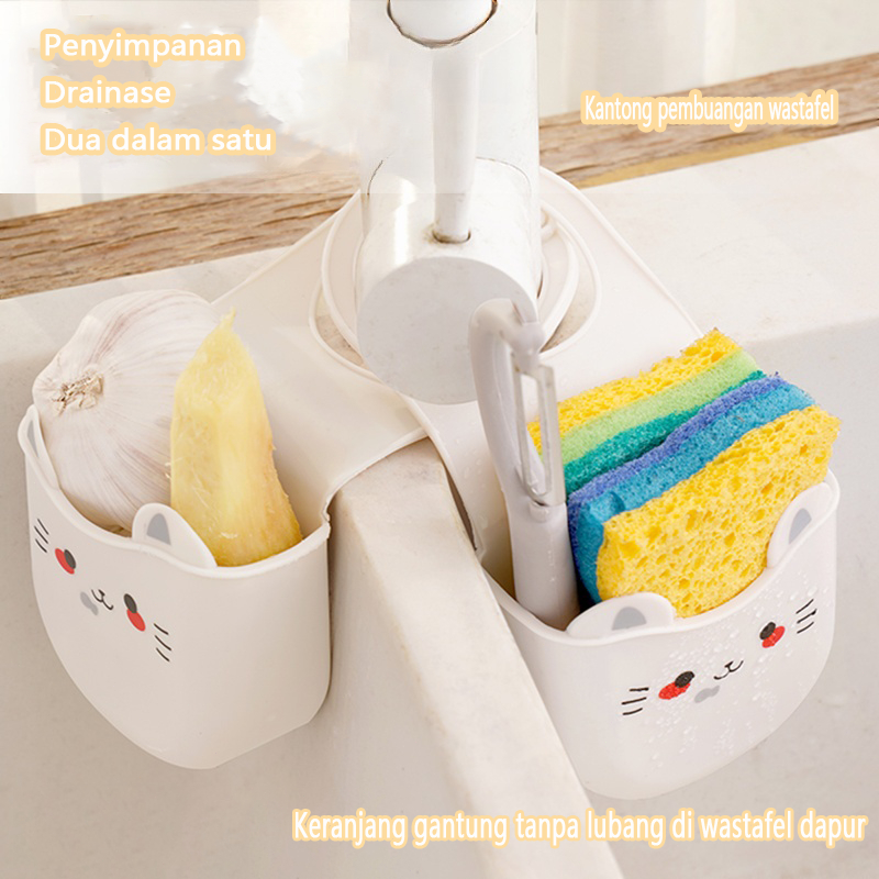Keranjang pembuangan wastafel, tas gantung, keran, rak penyimpanan spons pencuci piring, perlengkapa
