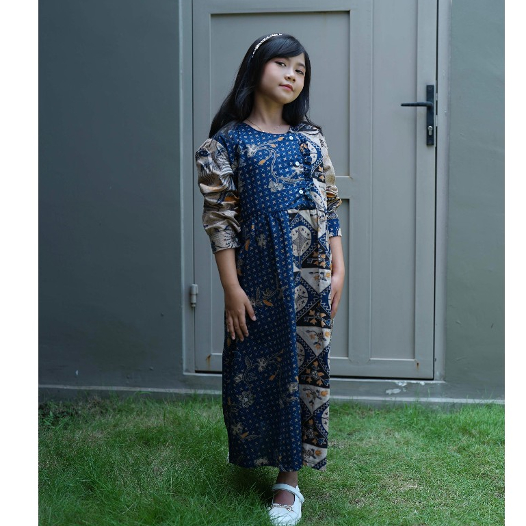 BATIK TRUSMI Gamis Batik Anak Perempuan Motif Burung Kombinasi Alisan
