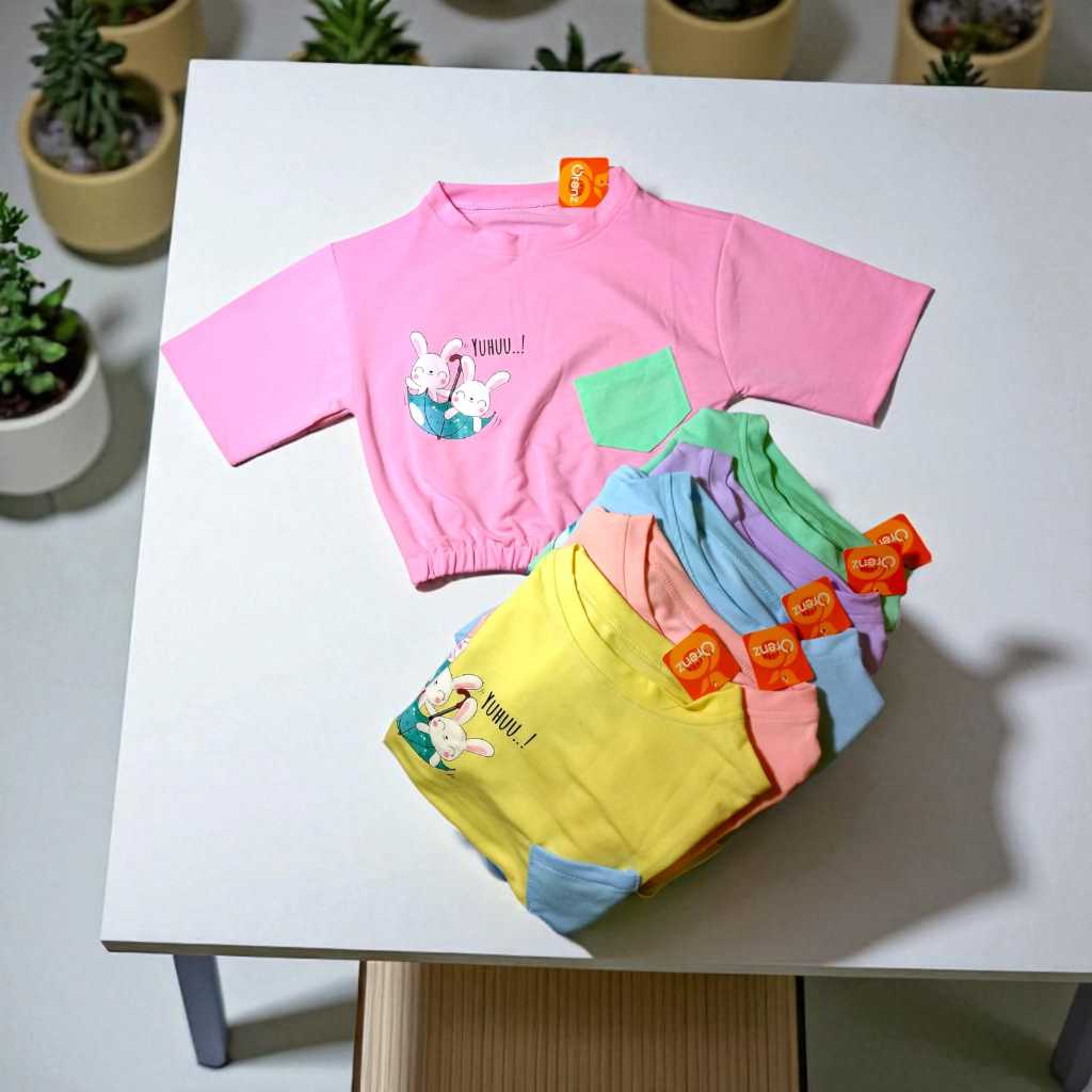 ORENZ Kaos Premium Anak Perempuan Lengan Pendek Kantong Depan Kombinasi Baby Terry Collection
