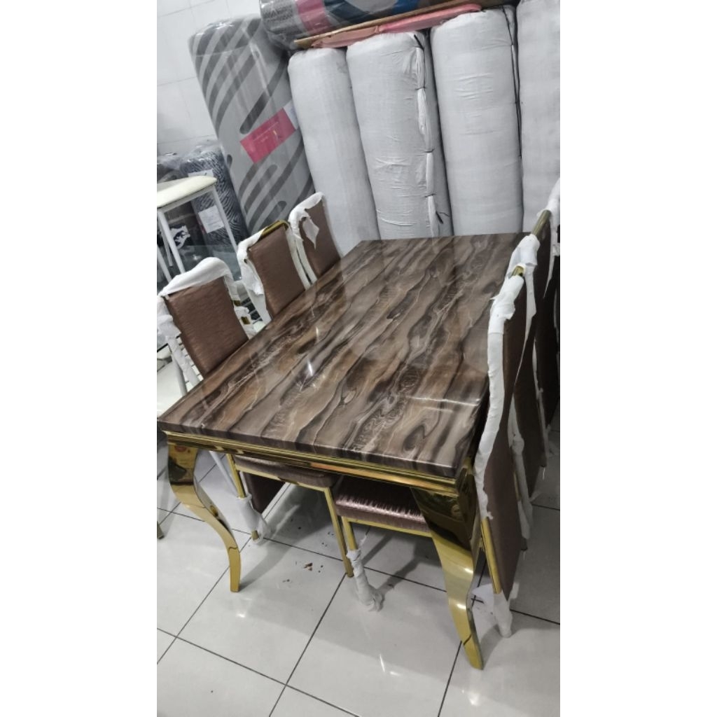Meja Makan 6 Kursi Stainless Gold Batu Marmer