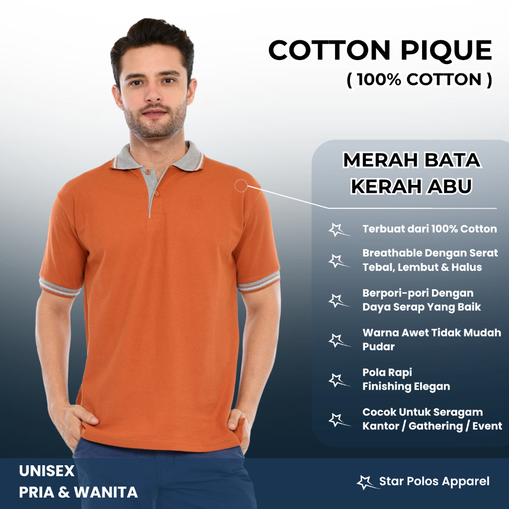 Kaos kerah/ Poloshirt KATUN PREMIUM 100% lengan pendek MERAH BATA KERAH ABU pria wanita