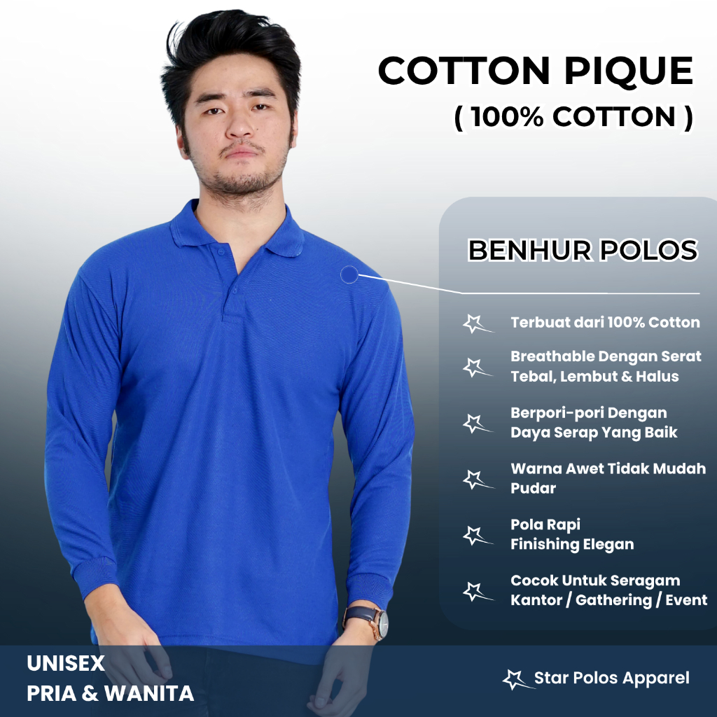 kaos kerah cotton premium lengan panjang wanita pria BIRU BCA/ BENHUR POLOS
