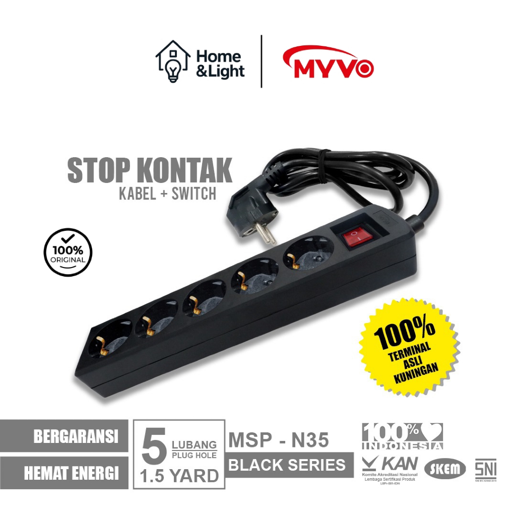 MYVO Stop Kontak 5 Lubang 1.5 Yard MSP-N35 Hitam