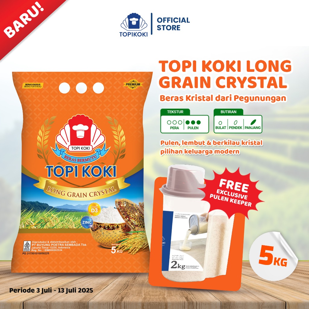 

Topi Koki Long Grain Crystal 5 kg – Beras Kristal dari Pegunungan, Pulen, Lembut, Mengandung Vitamin D3 & Zinc