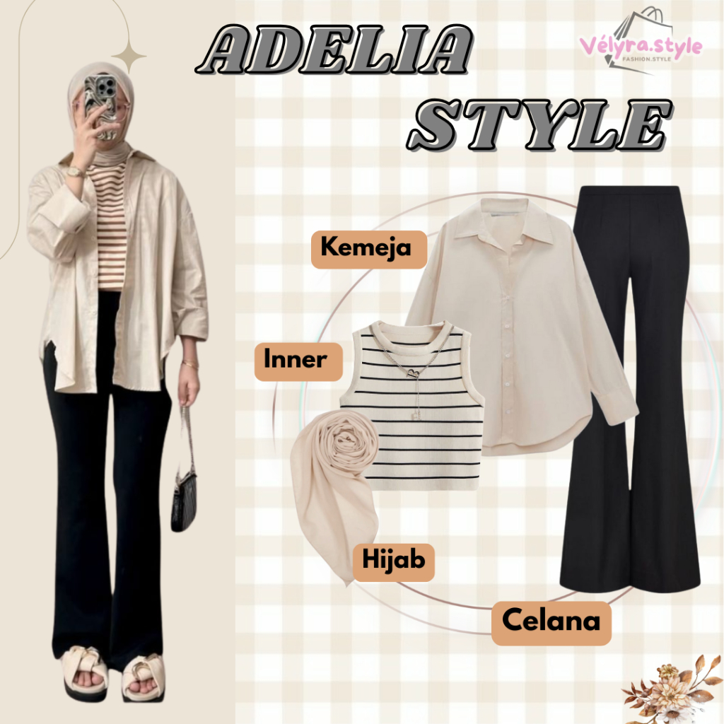 Oneset Style Hijab Kece Korean( Kemeja basic,Inner strip,Celana Cutbray,Bella Squar) OOTD KECE VS2M