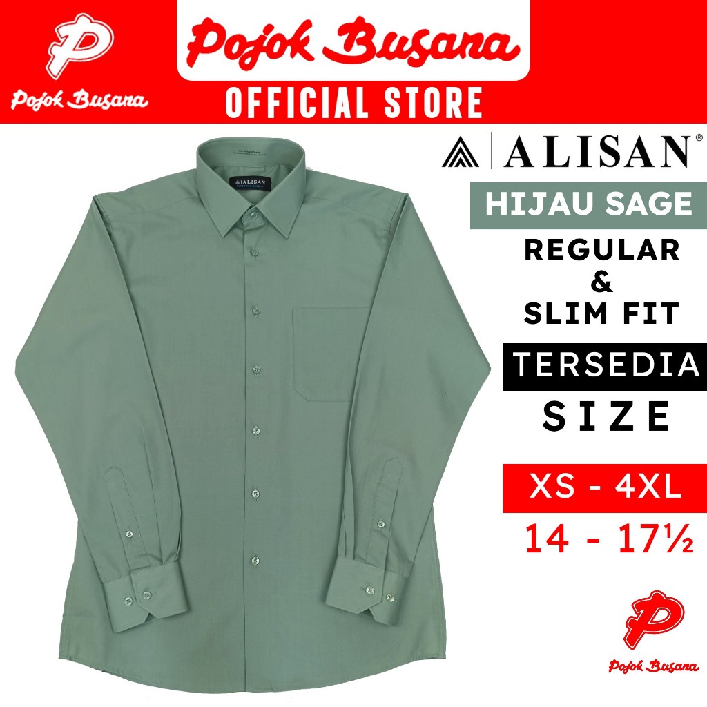 Pojok Busana Kemeja Alisan Lengan Panjang Polos Regular Fit & Slim Fit Hijau Sage