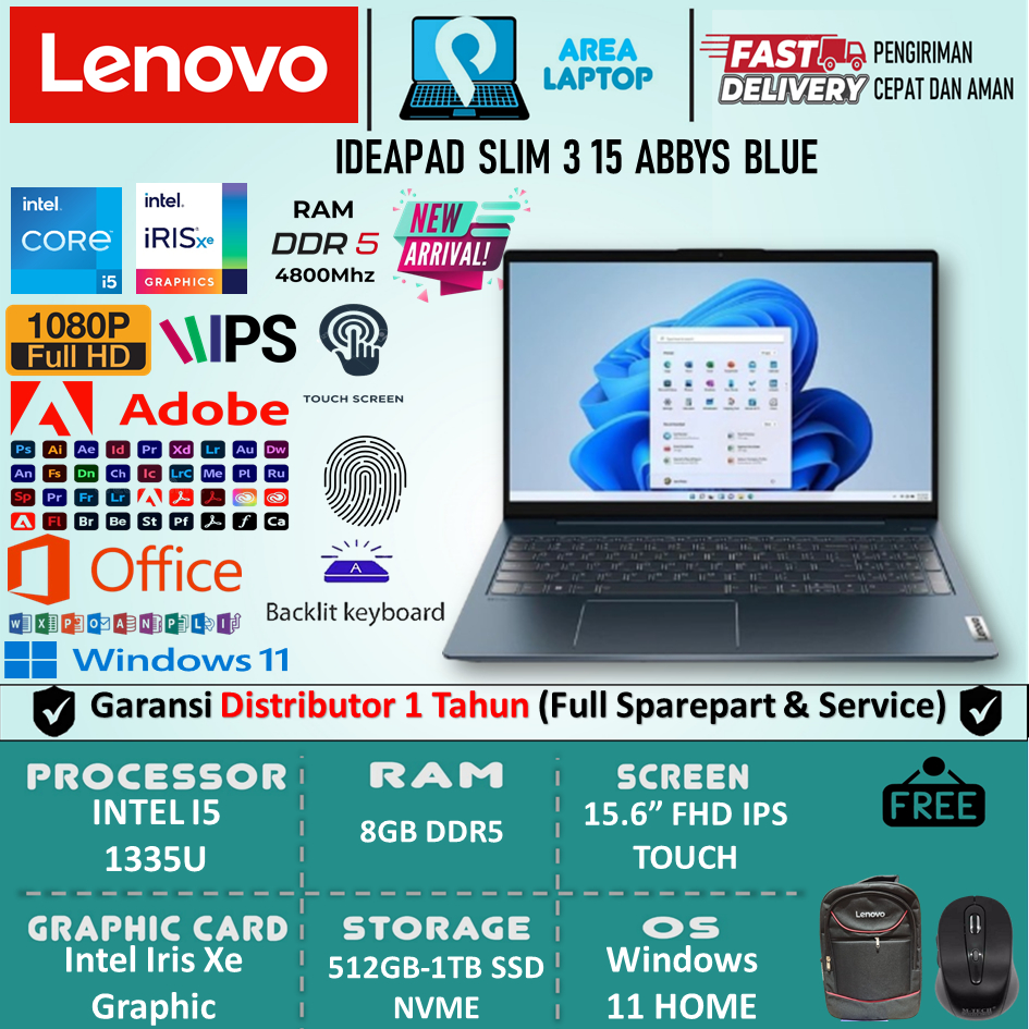 LENOVO IDEAPAD SLIM 3i 15 INTEL I5 1335U 8GB DDR5 1TB 15.6 FHD IPS TOUCH BL FP WIN11HOME BLUE